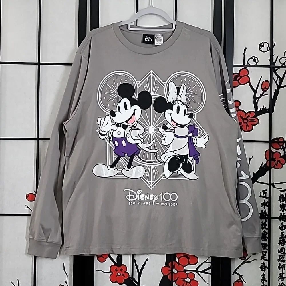 Disney Parks 100 Years of Wonder Mickey & Minnie Gray Long Sleeve Shirt Size L